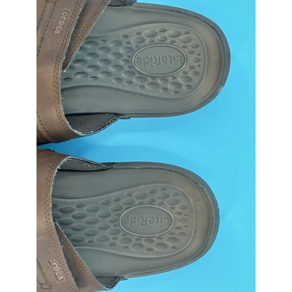 Crocs LiteRide Leather Slide Sandals Men’s 13 Brown Adjustable Strap